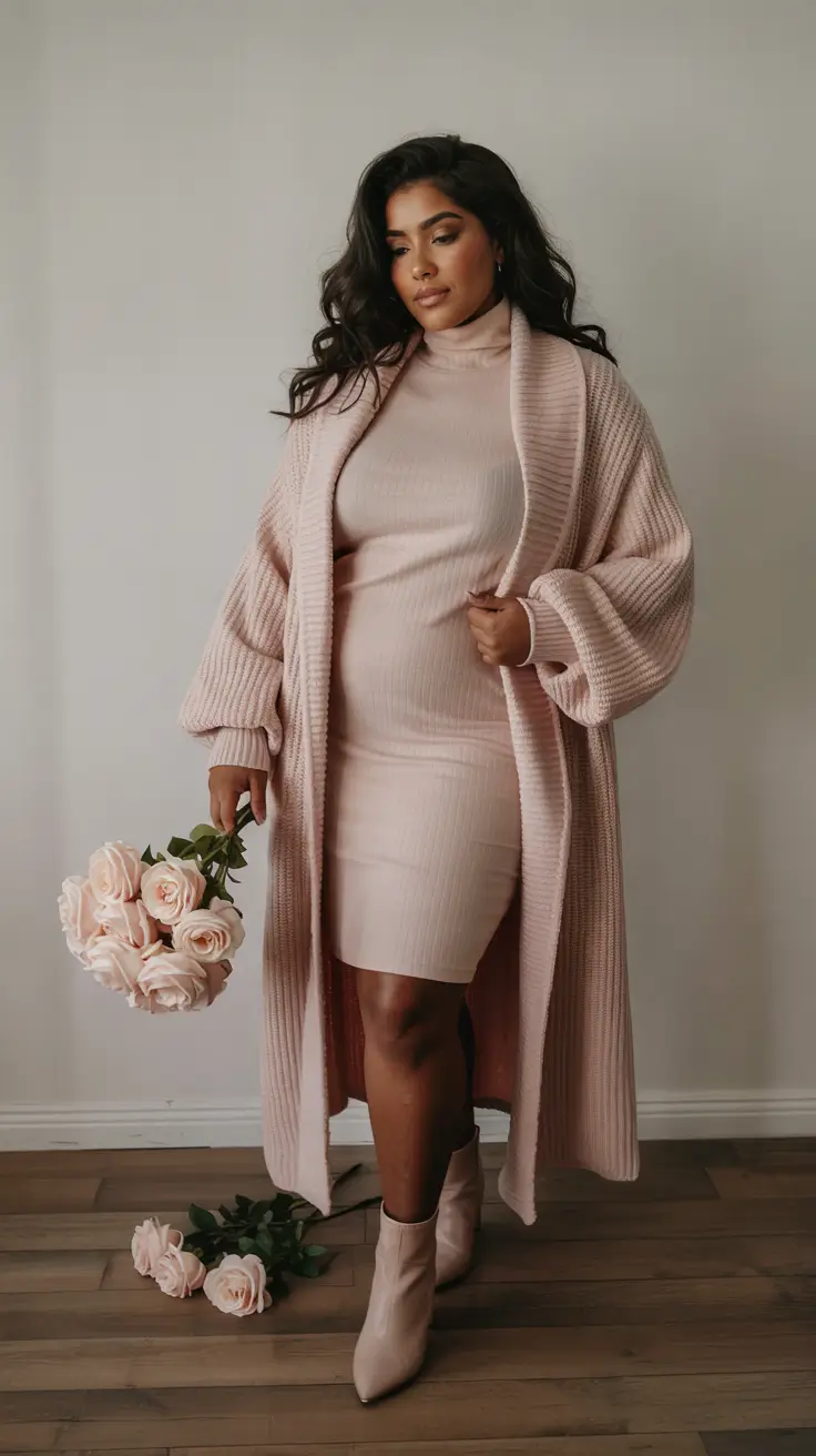 plus size winter outfits Soft Pink Elegance for Winter Evenings