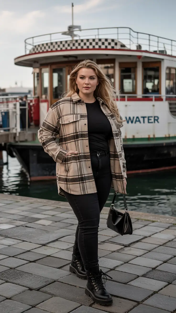 plus size winter outfits Checks, Boots, and Waterfront Walks