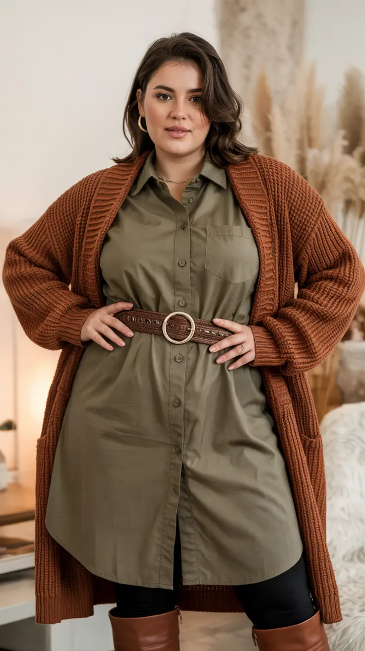plus size winter outfits Earthy Tones and Belted Confidence