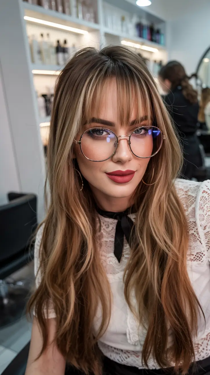 Soft winter hair colors 2025–2026 Long Layers with Curtain Bangs