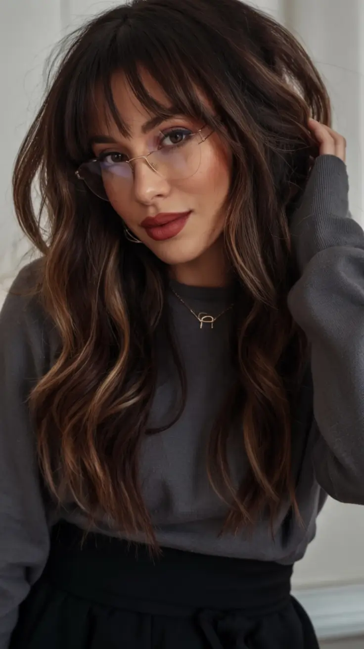 Trending Hair Colors Winter 2025–2026 Espresso Waves With Curtain Bangs