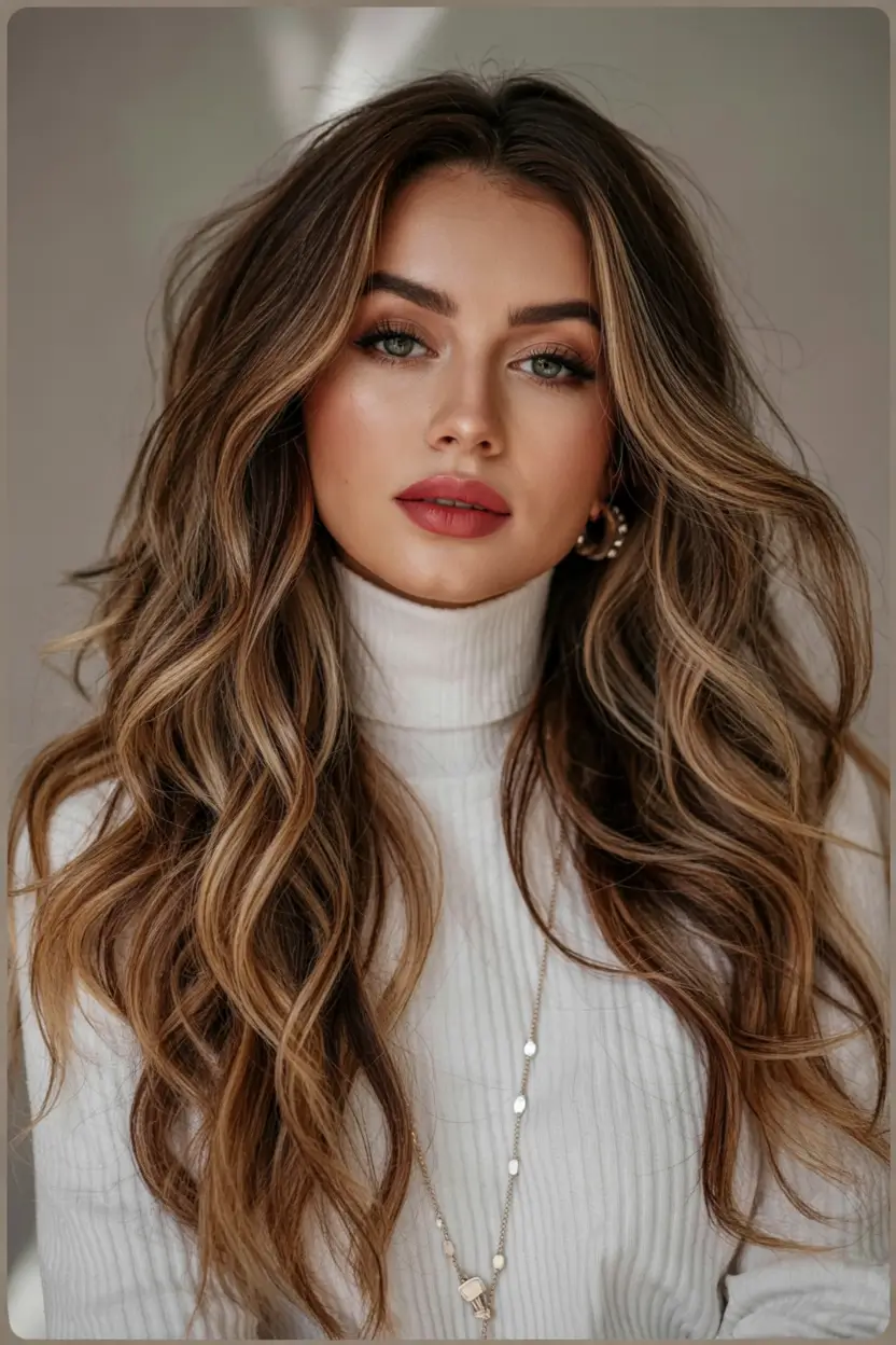 Winter 2025–2026 Hair Colors Highlights Soft Brunette Waves with Golden Dimension