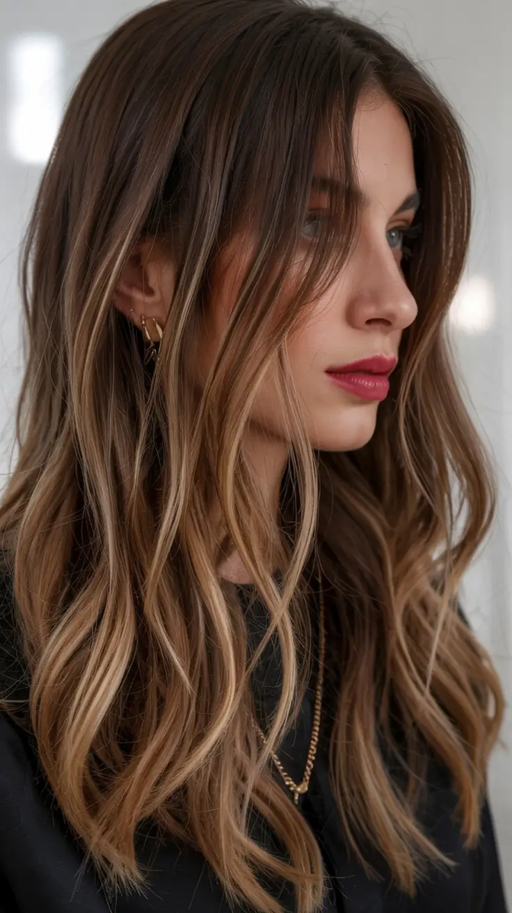 Winter 2025–2026 Hair Colors Highlights Golden Brunette with Flowing Layers