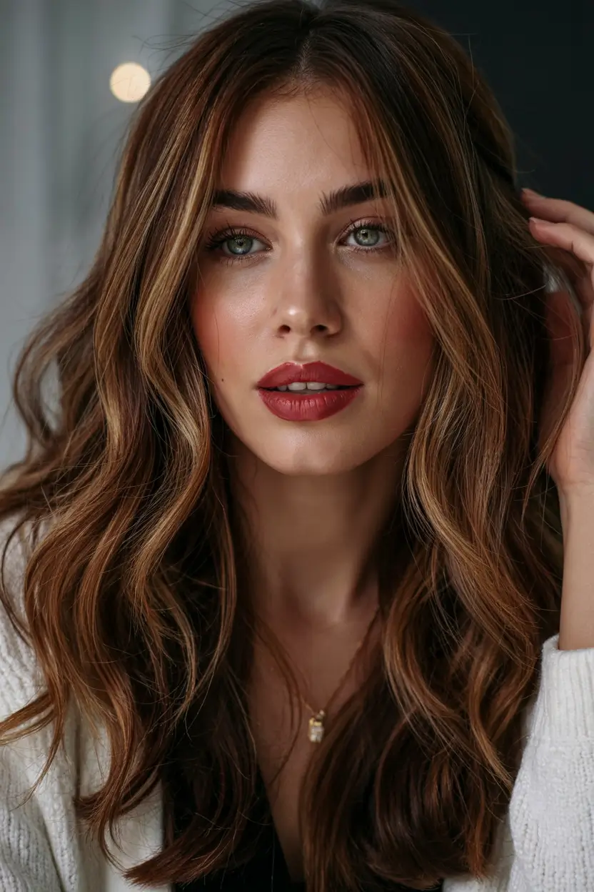 Winter 2025–2026 Hair Colors Highlights Warm Chestnut Brunette with Soft Glow