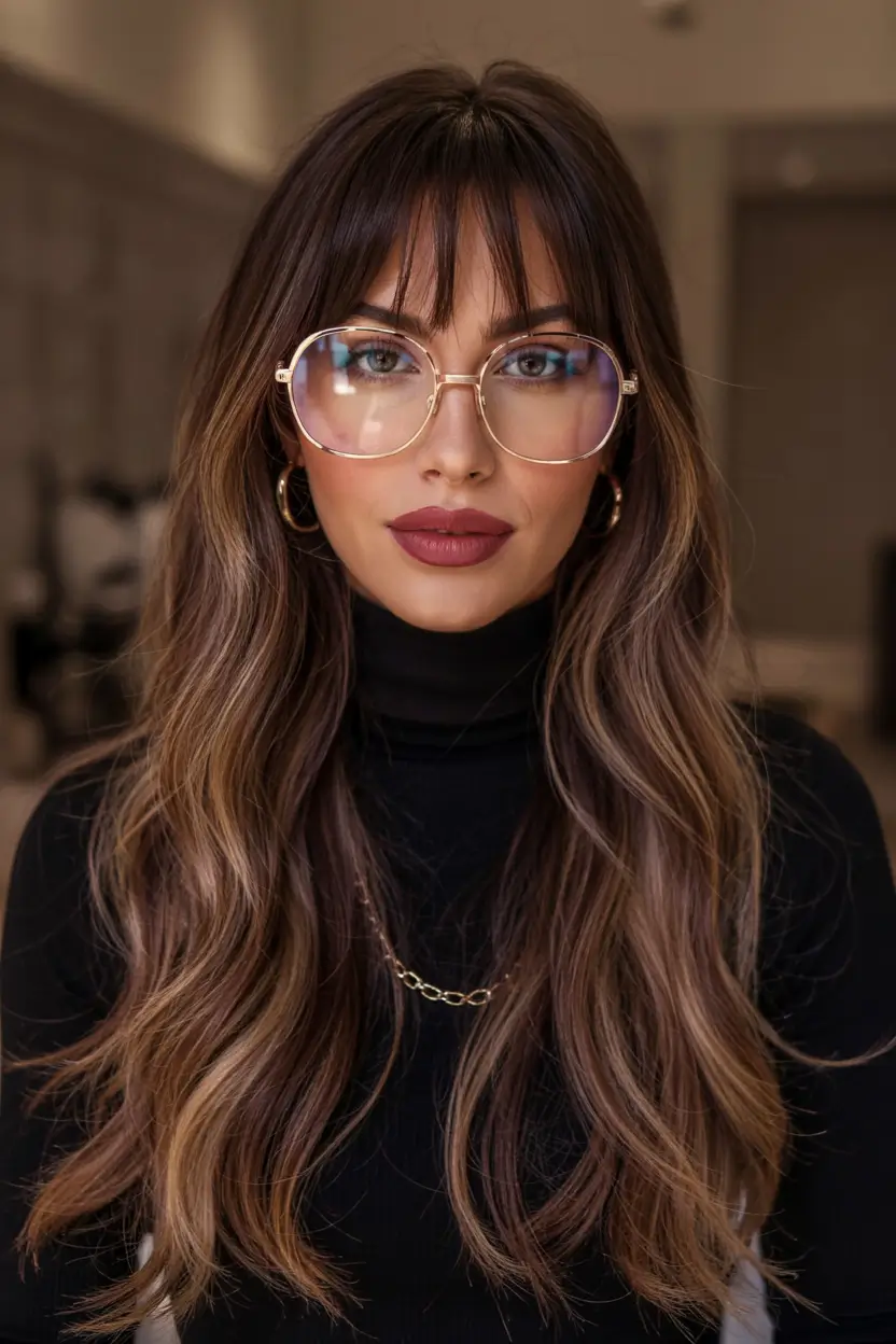 Winter Balayage Hair Colors 2025–2026 Trends Long Balayage with Soft Fringe