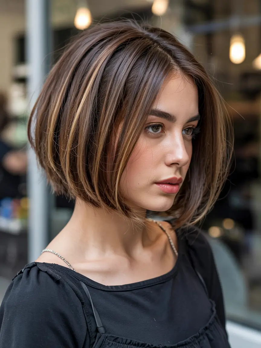 Winter Bob Haircuts Layered Brunette Bob With Fine Streaks