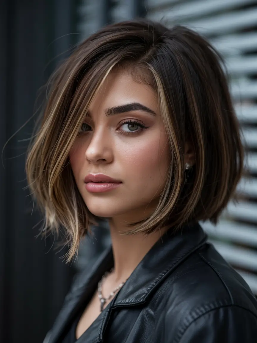Winter Bob Haircuts Edgy Brunette Bob With Highlight Ribbons