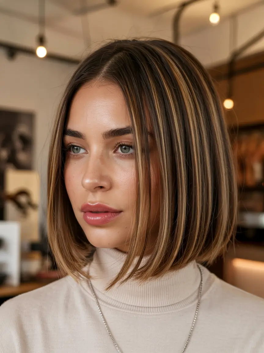 Winter Bob Haircuts Polished Bob With Subtle Blonde Strands