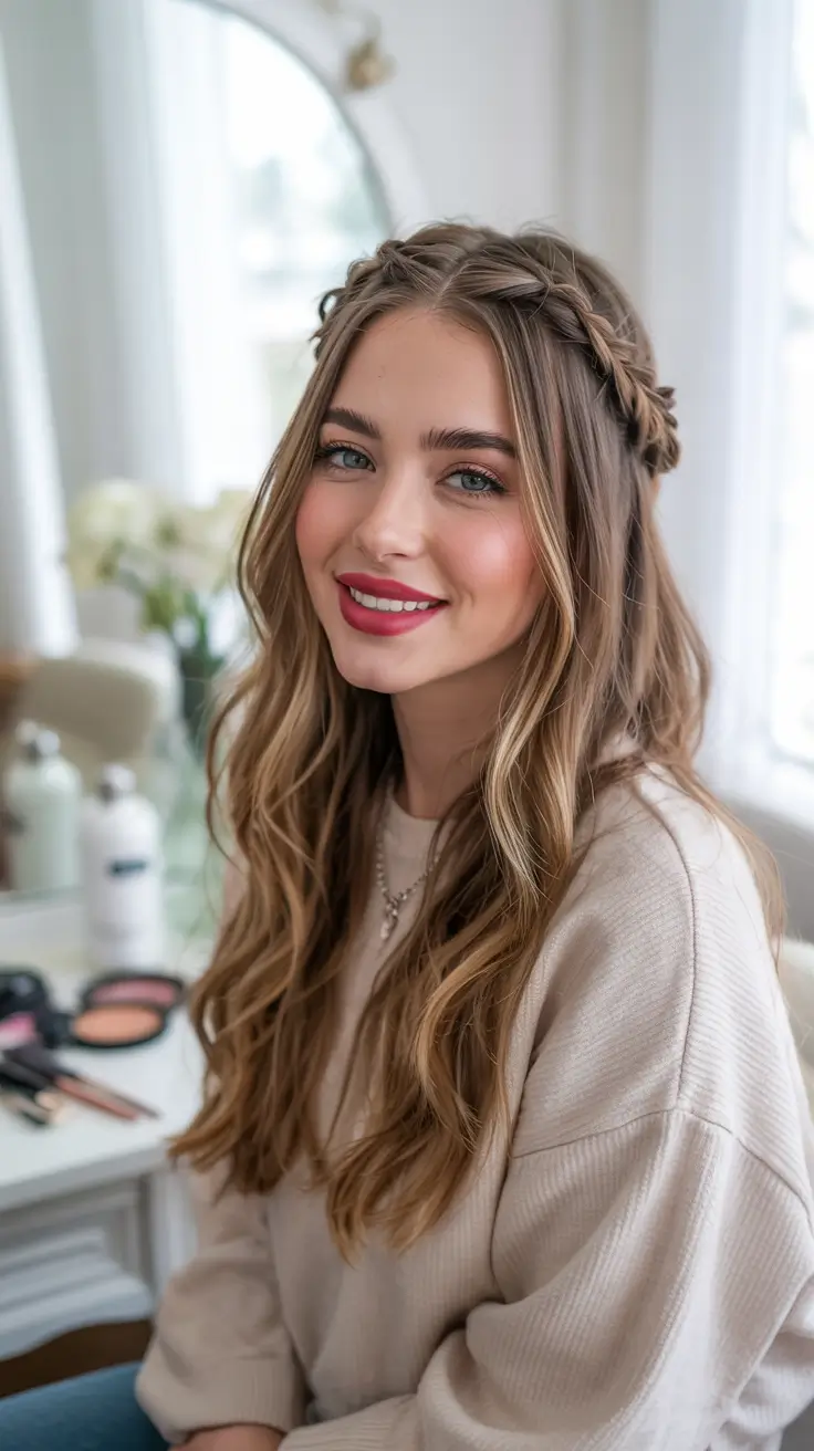 Winter formal hairstyles 2025–2026 Romantic Braided Crown with Loose Waves