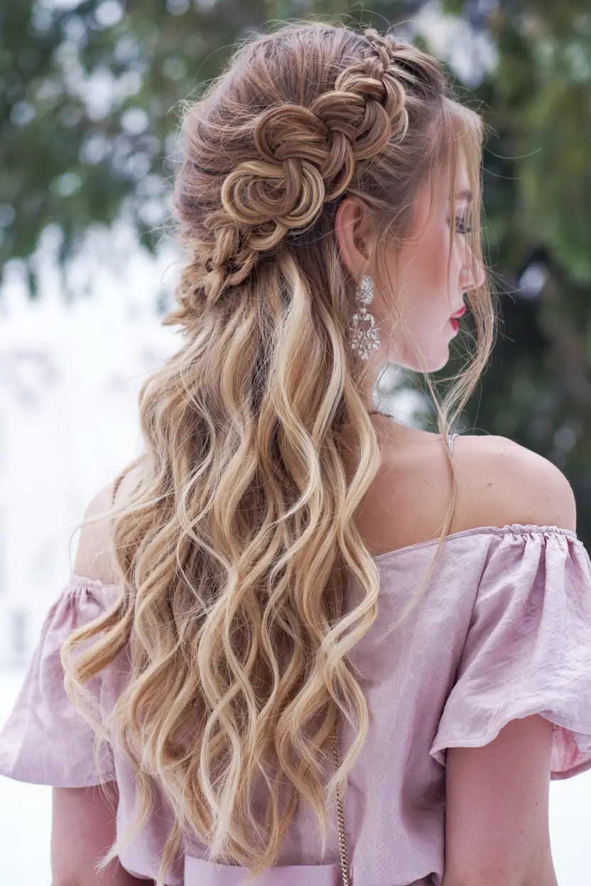 Winter formal hairstyles 2025–2026 Intricate Braided Floral Half-Up