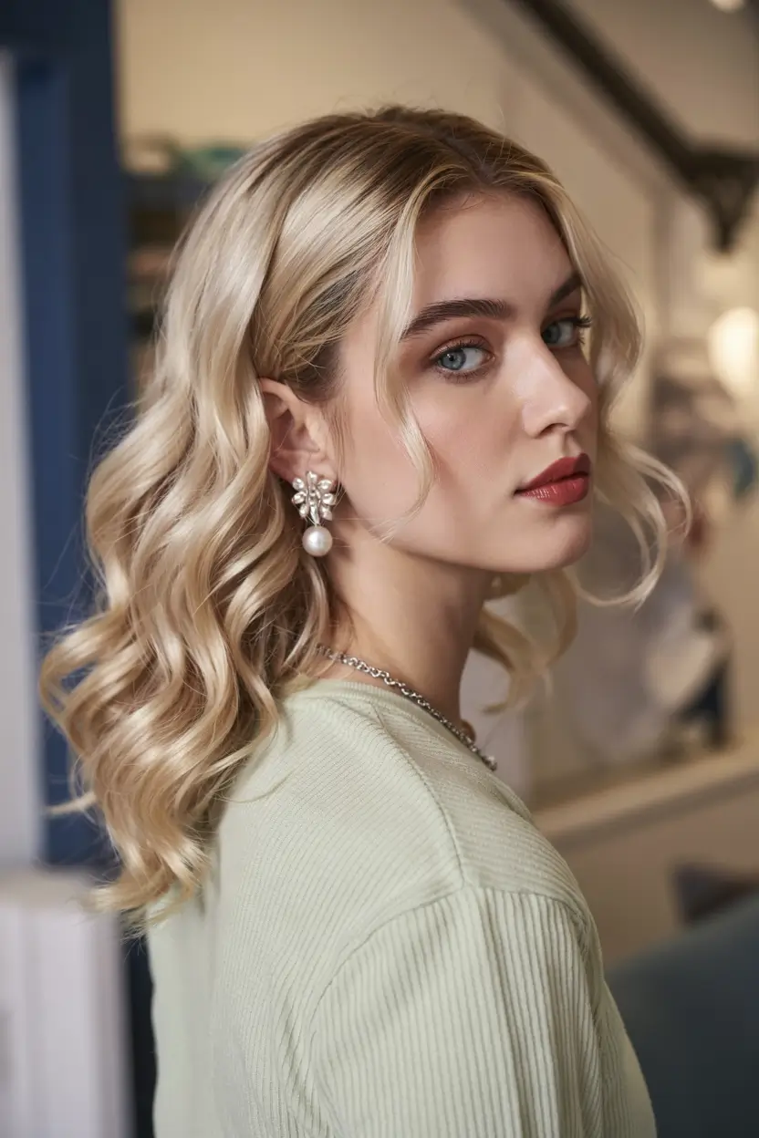 Winter formal hairstyles 2025–2026 Modern Blonde Waves with Polished Shine
