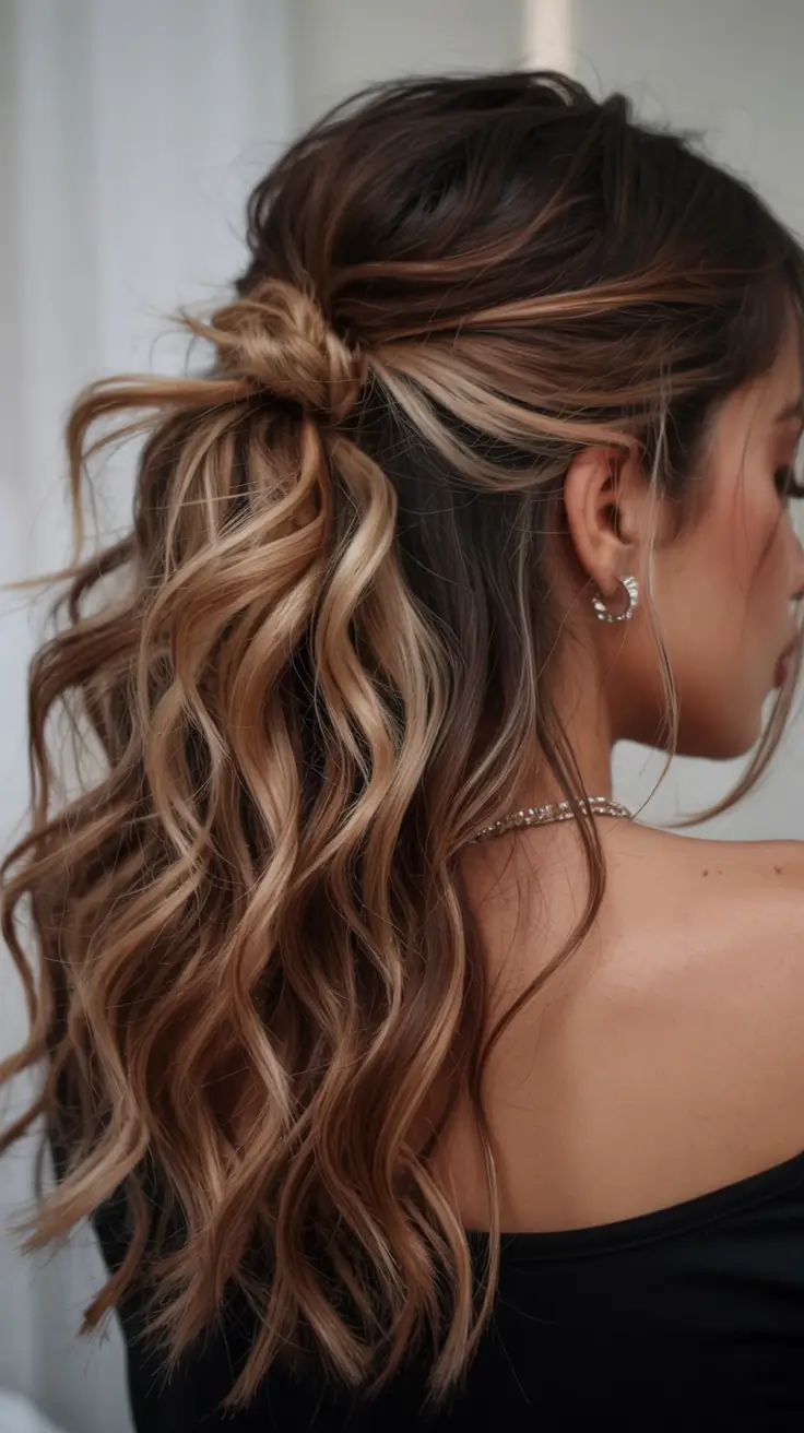 Winter formal hairstyles 2025–2026 Textured Knot Half-Up with Loose Waves