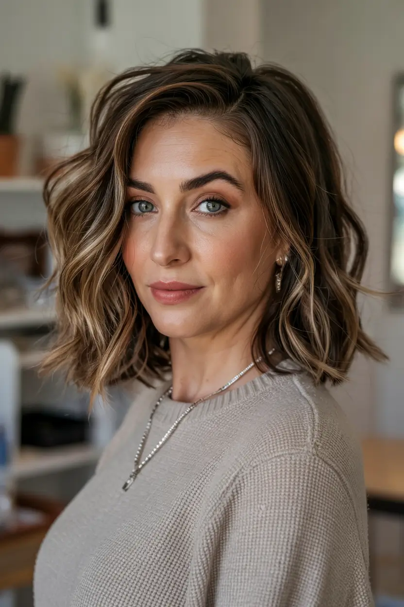 winter haircuts for women over 40 Wavy Brunette Lob