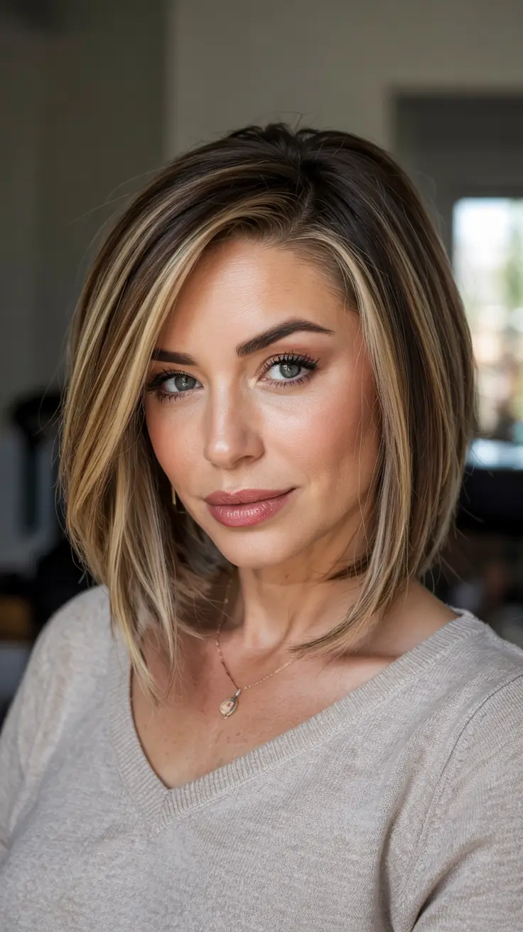 winter haircuts for women over 40 Textured Lob With Highlights