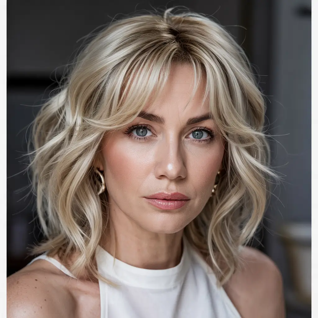 winter haircuts for women over 40 Soft Blonde Shag With Curtain Bangs