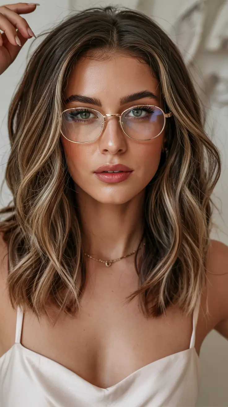 Winter haircuts for round faces Dimensional Lob with Blonde Highlights