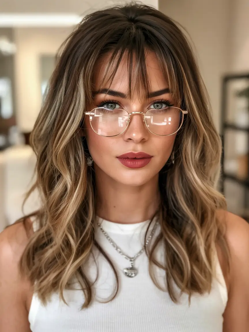 Winter haircuts for round faces Layered Waves with Wispy Bangs