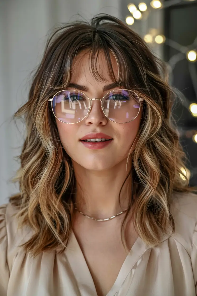 Winter haircuts for round faces Messy Waves with Playful Fringe