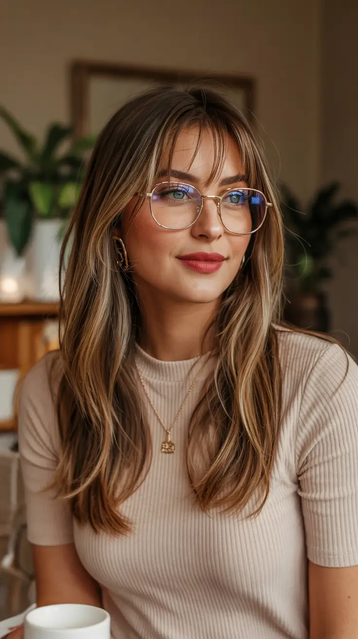 Winter haircuts long round faces Curtain Bangs