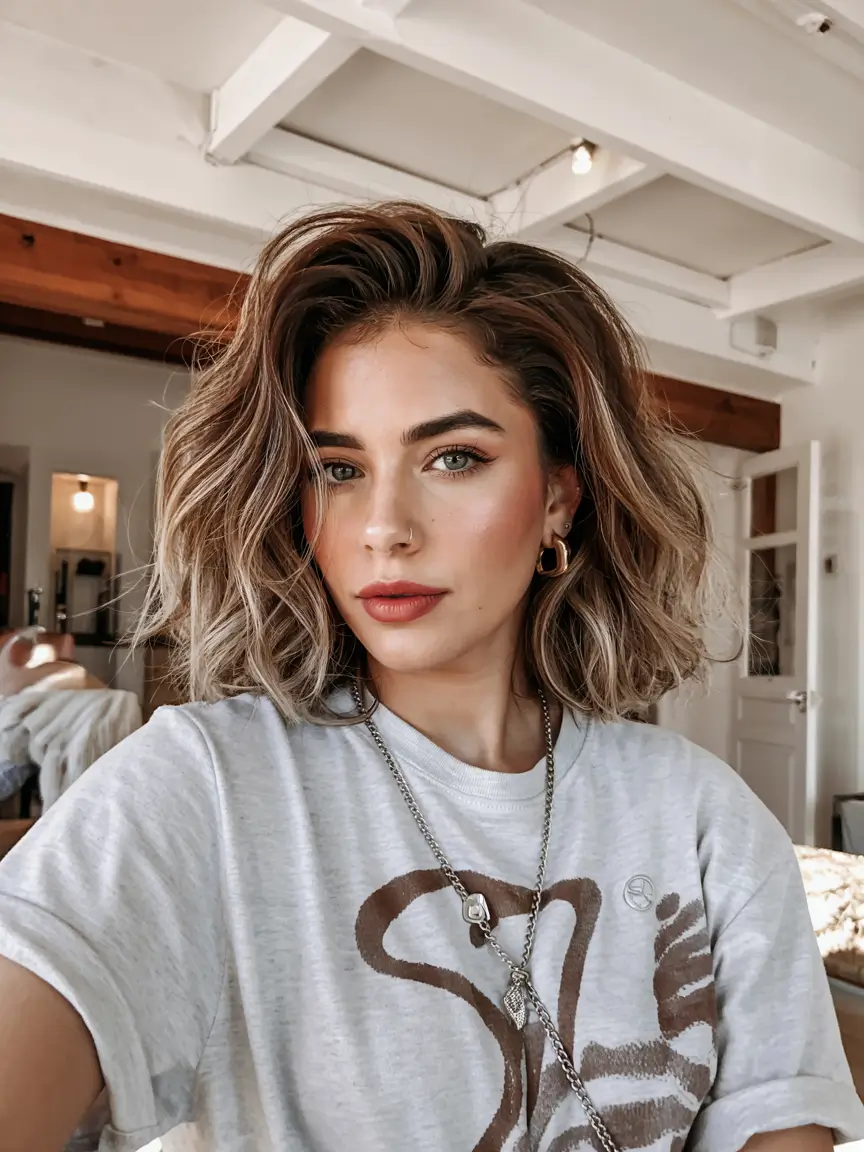Winter haircuts medium round faces Voluminous Bob with Tousled Texture