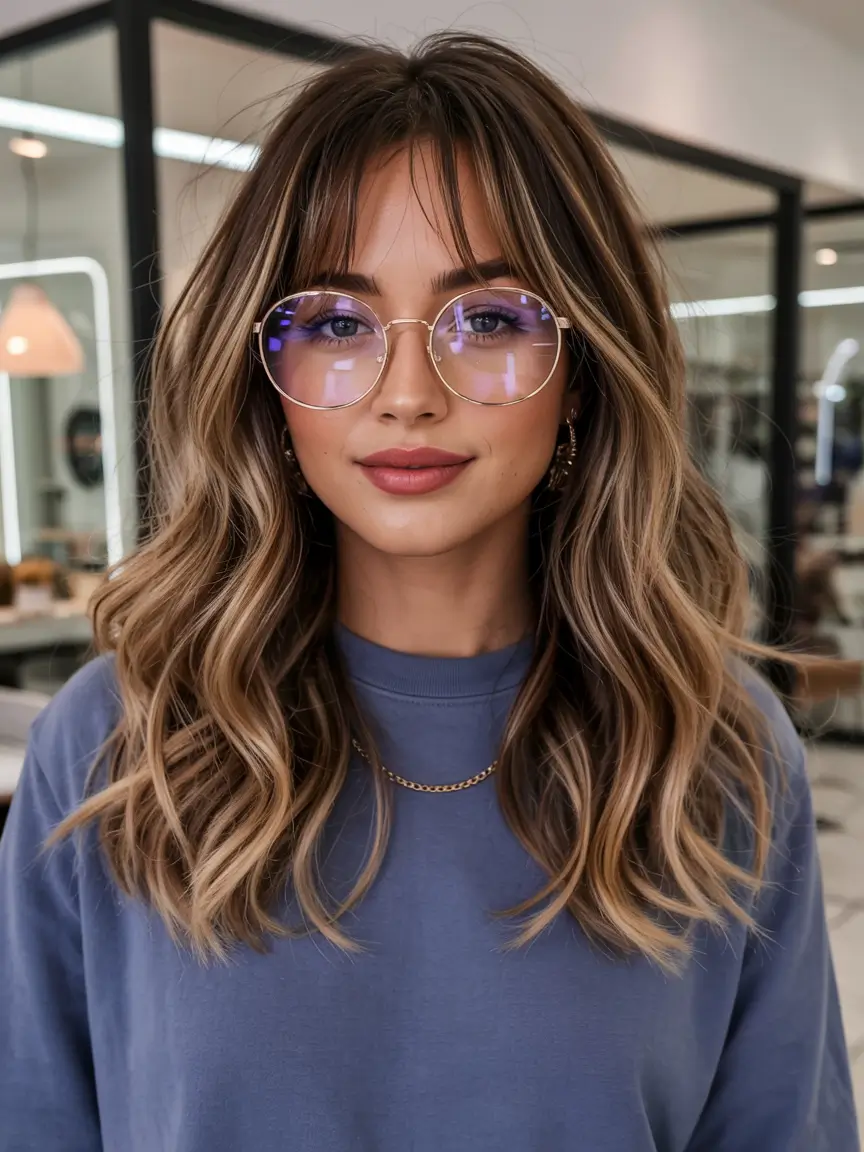 Winter haircuts for round faces Modern Shag with Curtain Bangs