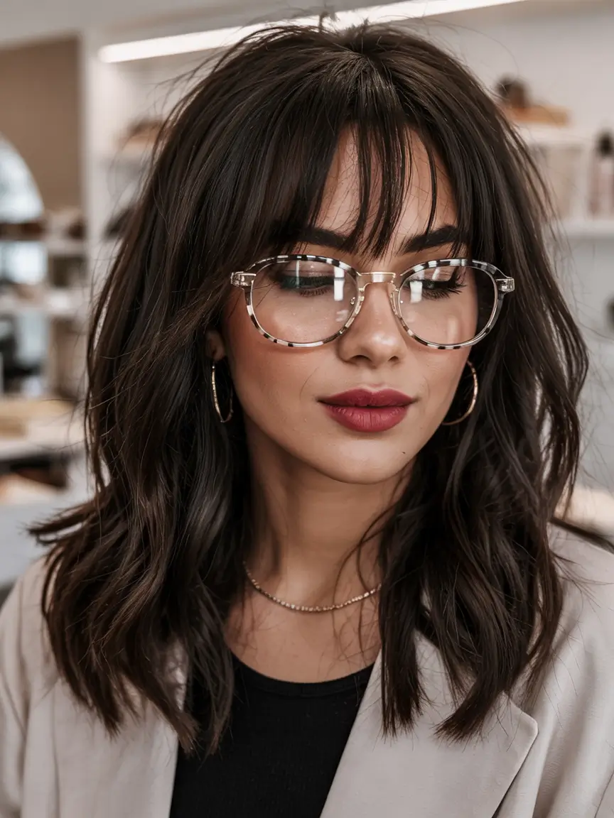 Winter haircuts for round faces Voluminous Layers with Airy Bangs