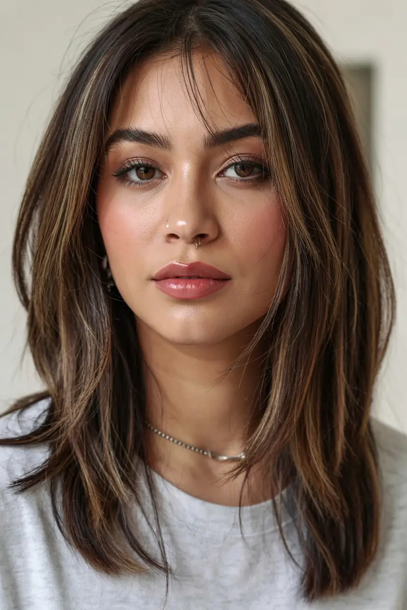 Winter haircuts for round faces Layered Medium Cut with Face-Framing Strands