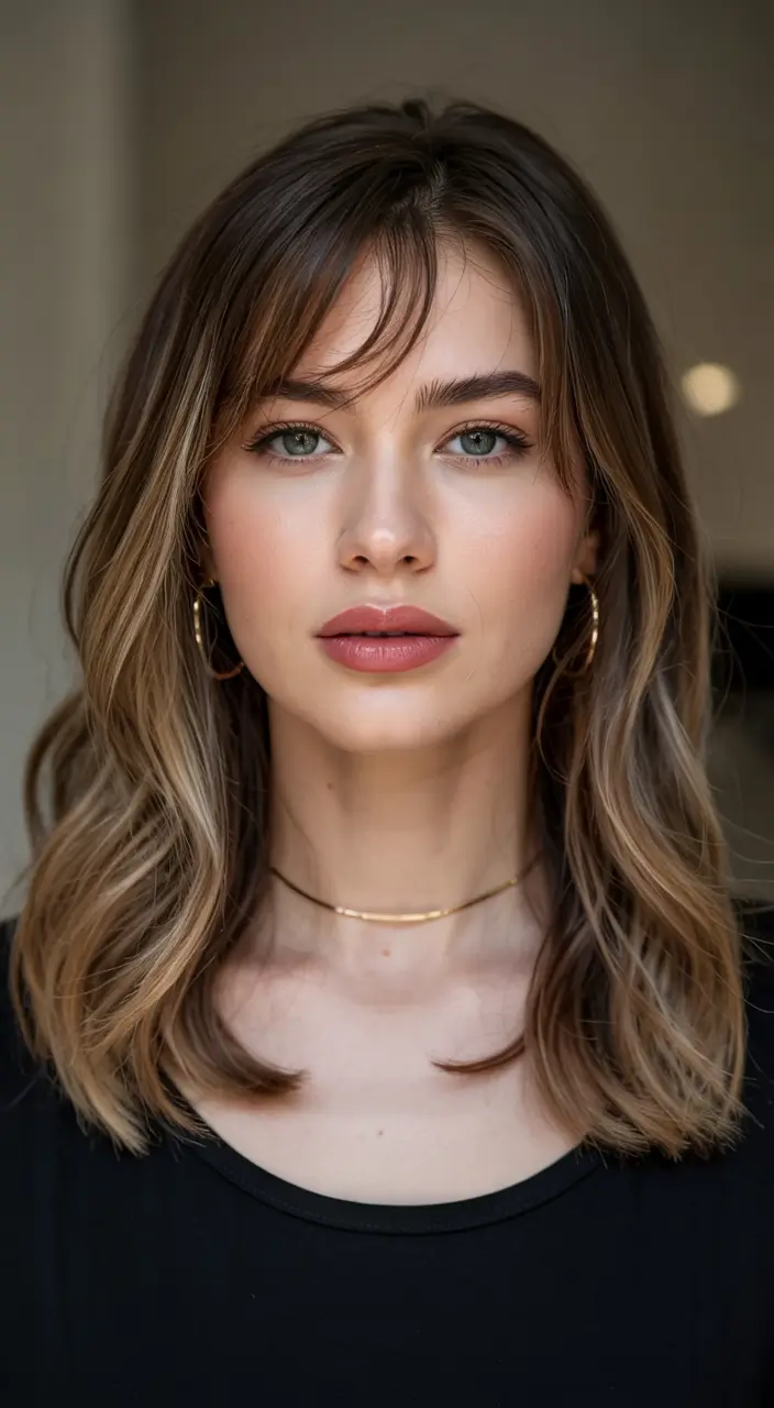 Winter haircuts for round faces Shoulder-Length Cut with Soft Bangs