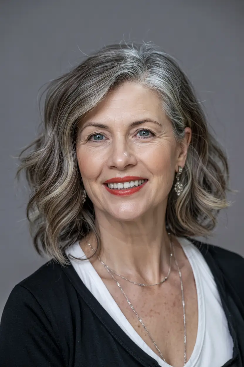winter haircuts for women over 50 Soft Waves with Silver Highlights