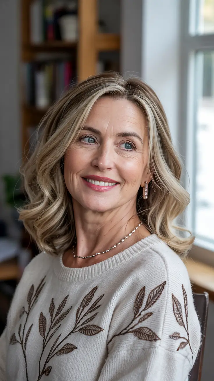 winter haircuts for women over 50 Soft Blonde Waves with Natural Finish