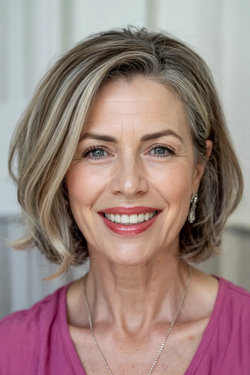 winter haircuts for women over 50 Layered Bob with Beige Blonde Dimension