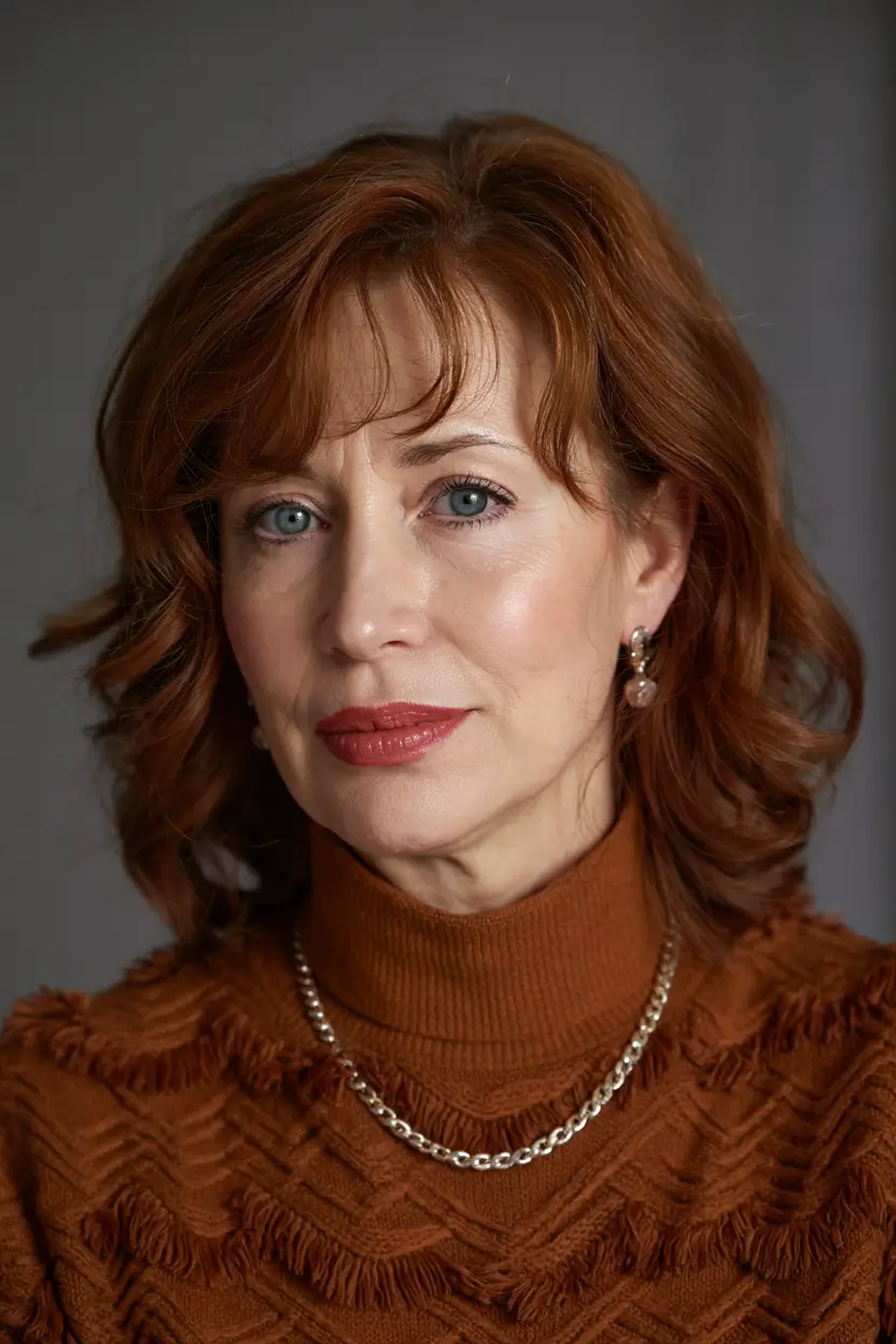 winter haircuts for women over 50 Voluminous Curls with Auburn Depth