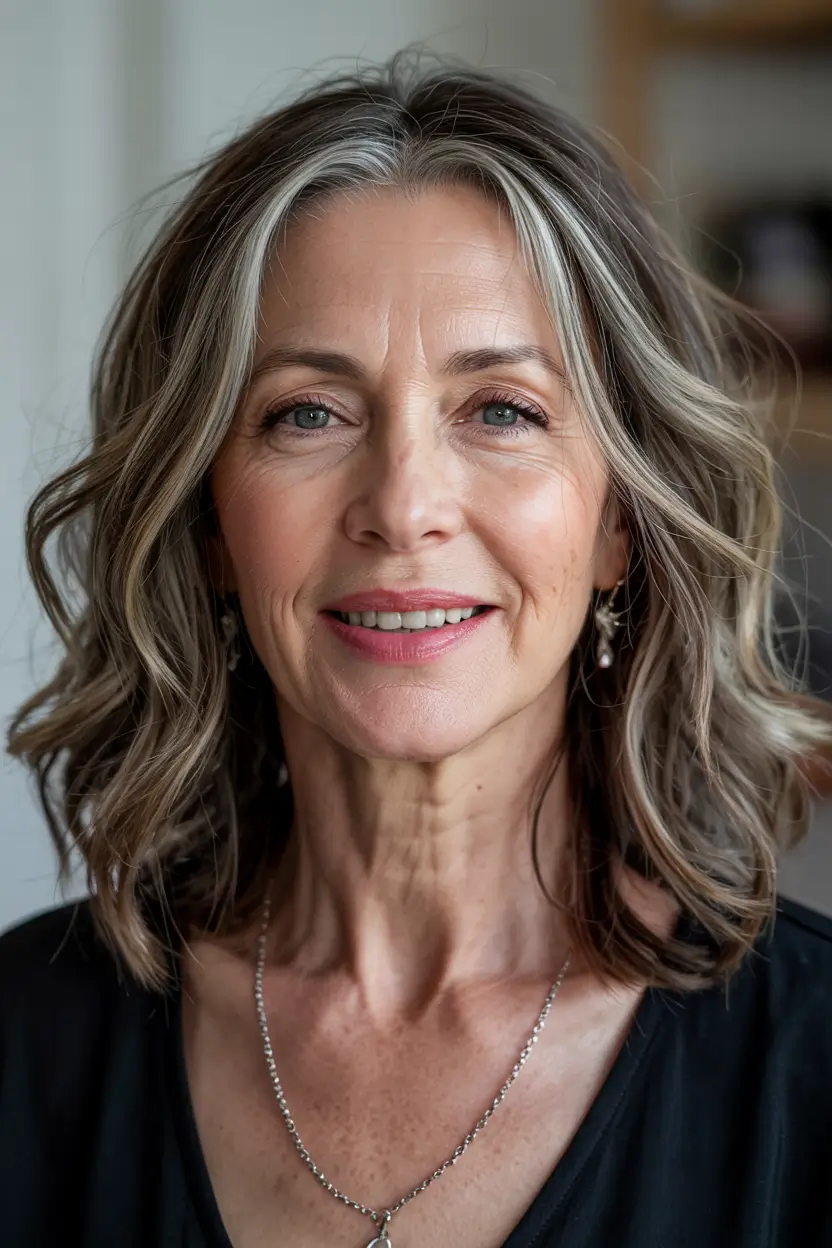 winter haircuts for women over 50 Soft Waves with Natural Gray Blending