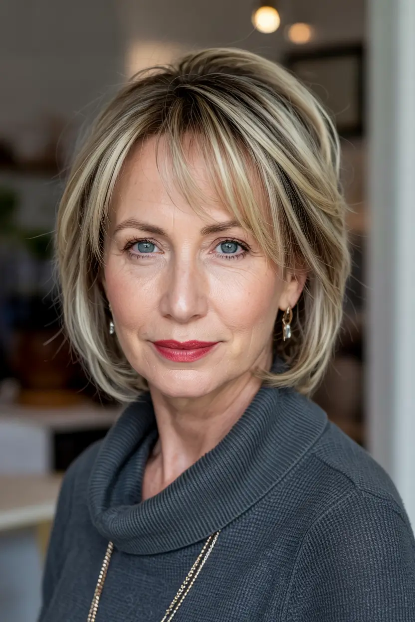 winter haircuts for women over 50 Classic Bob with Blonde Dimension