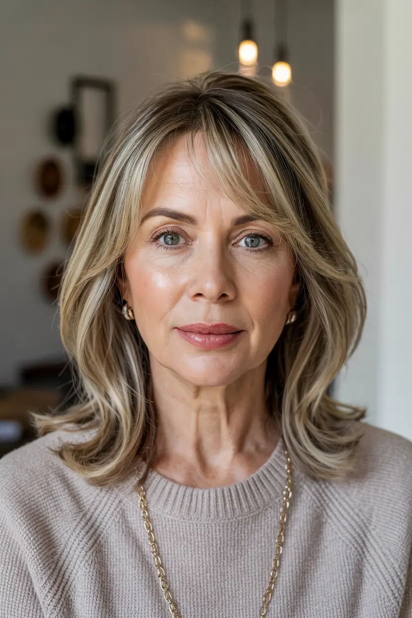 winter haircuts for women over 50 Shoulder-Length Layers with Curtain Bangs