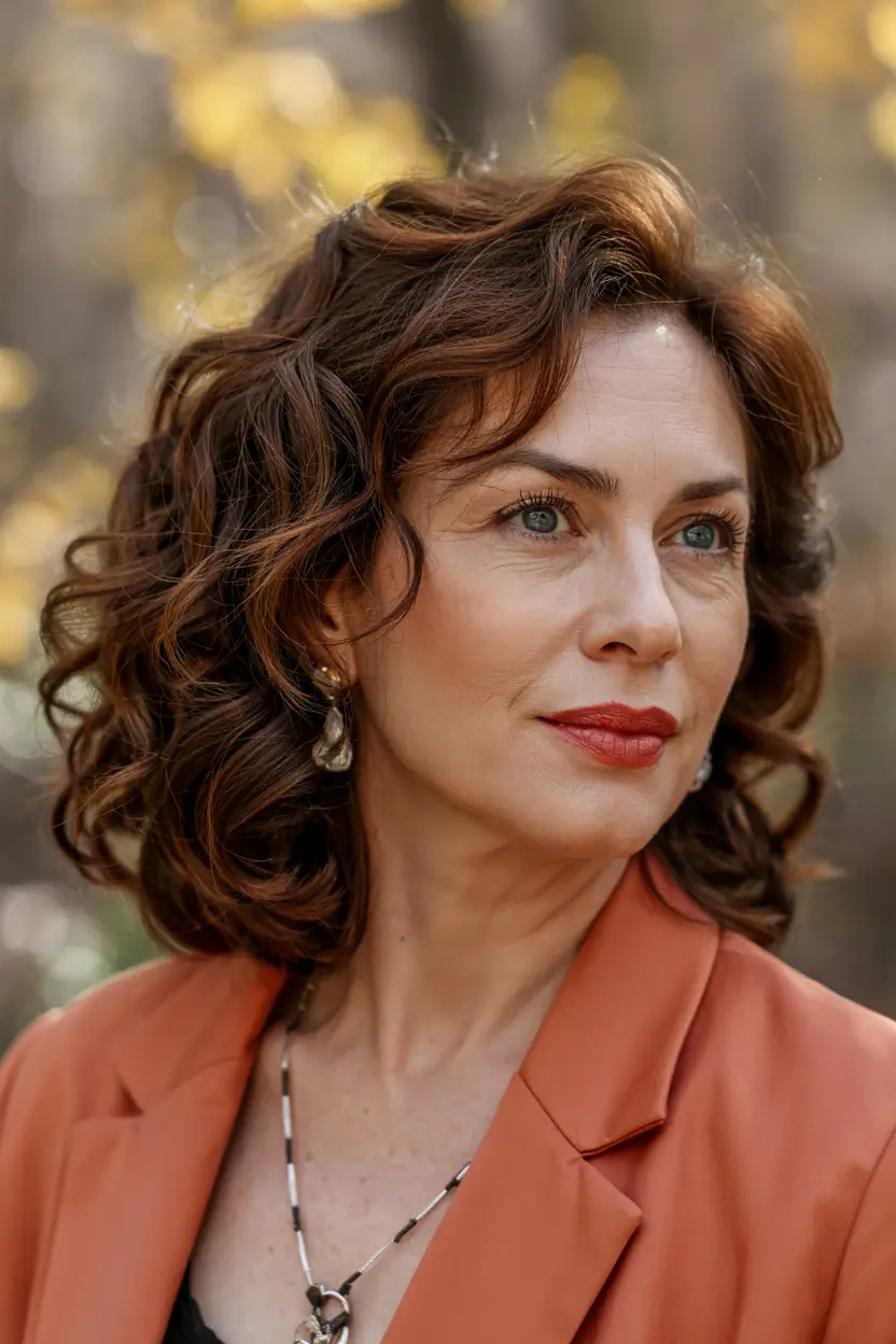 winter haircuts for women over 50 Voluminous Curls with Chestnut Warmth