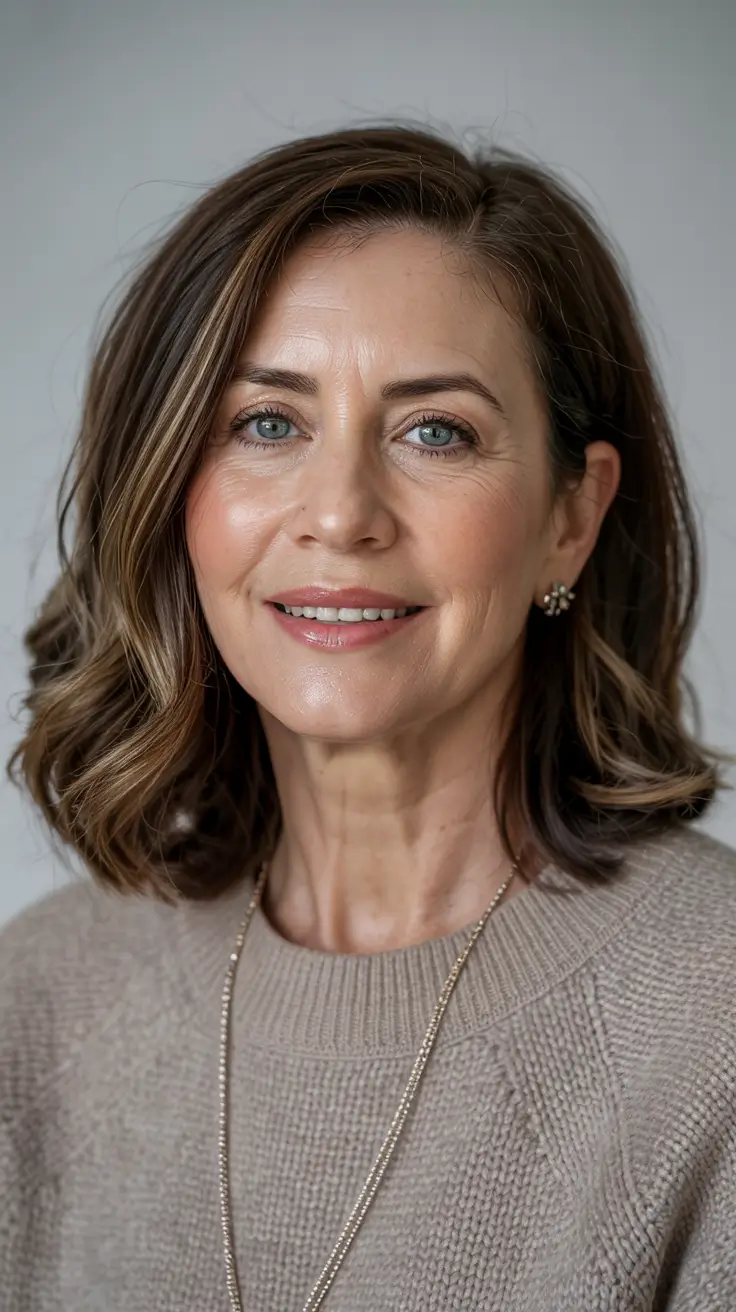 winter haircuts for women over 50 Layered Lob with Subtle Balayage