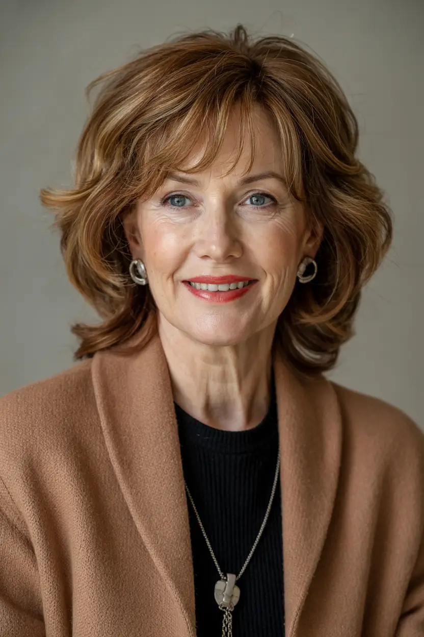 winter haircuts for women over 50 Feathered Layers with Warm Auburn Tones