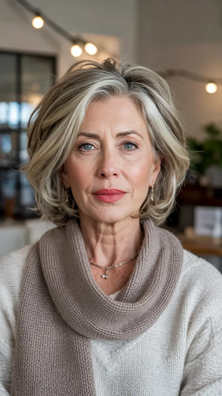 winter haircuts for women over 50 Layered Bob with Silver Blend