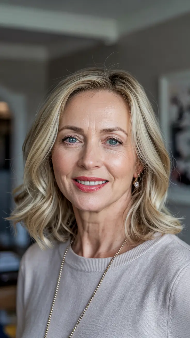 winter haircuts for women over 50 Golden Blonde Waves with Collarbone Length