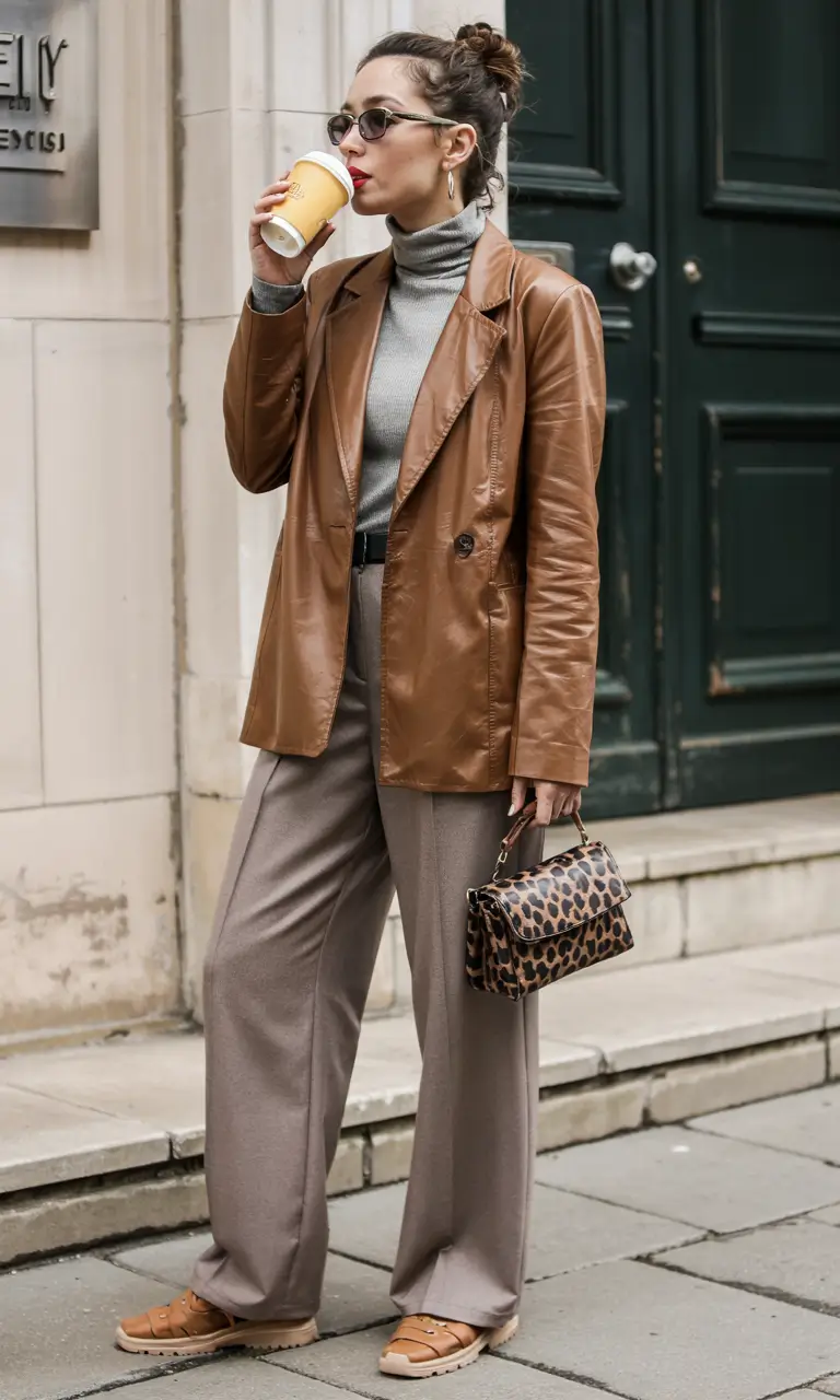 winter outfit inspo Leather Blazer with Neutral Tones
