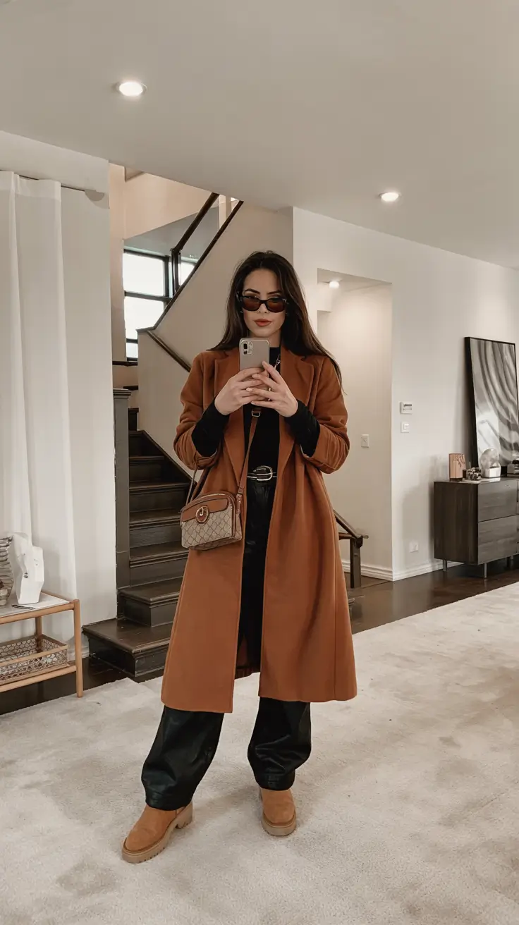 winter outfit inspo Monochrome Black with Camel Layers
