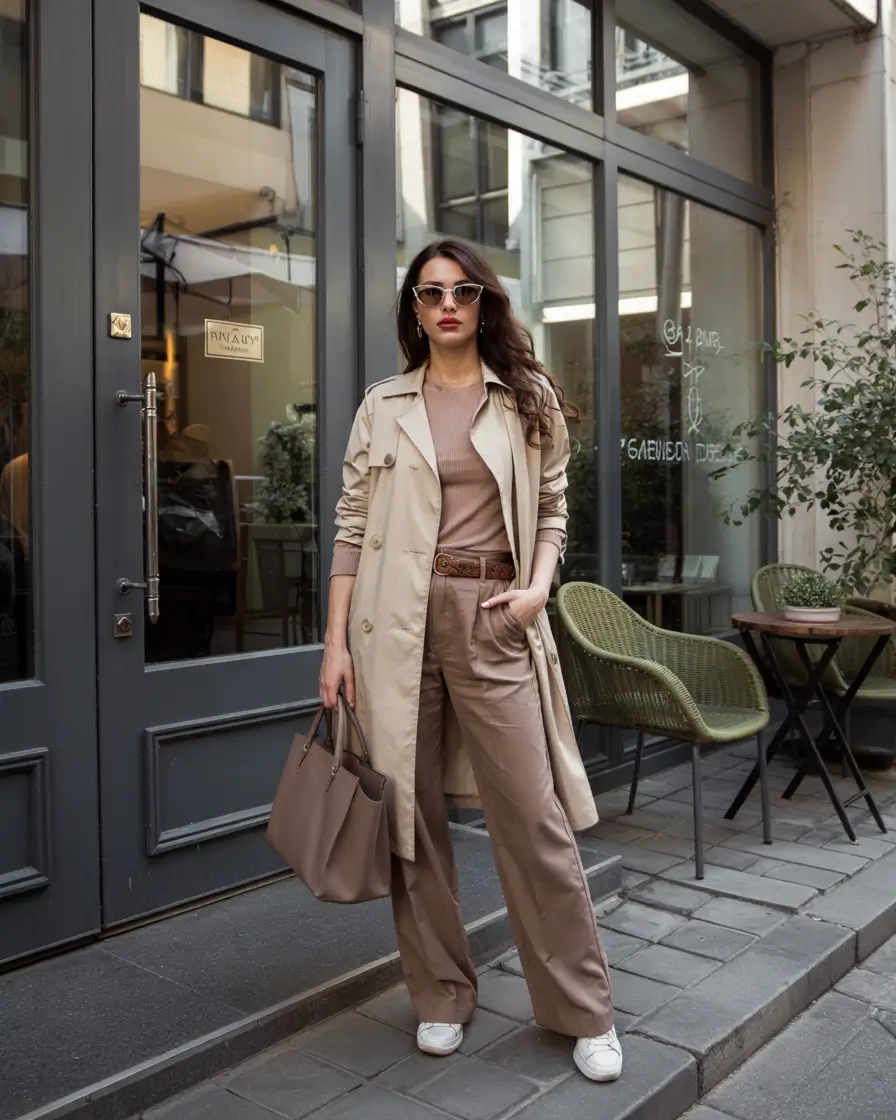 winter outfit inspo Beige Trench with Tonal Layers
