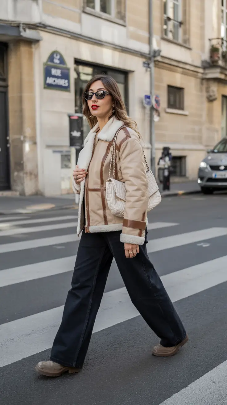 winter outfit inspo Shearling Chic Meets Wide-Leg Denim