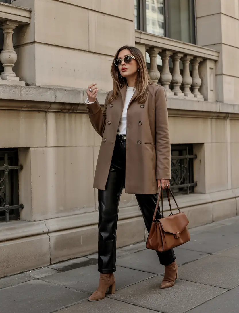 winter outfit inspo Leather Pants and Double-Breasted Power