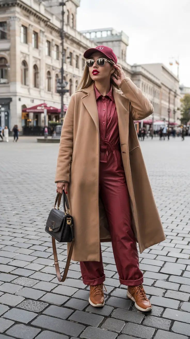 winter outfit inspo Monochrome Burgundy with Camel Coat