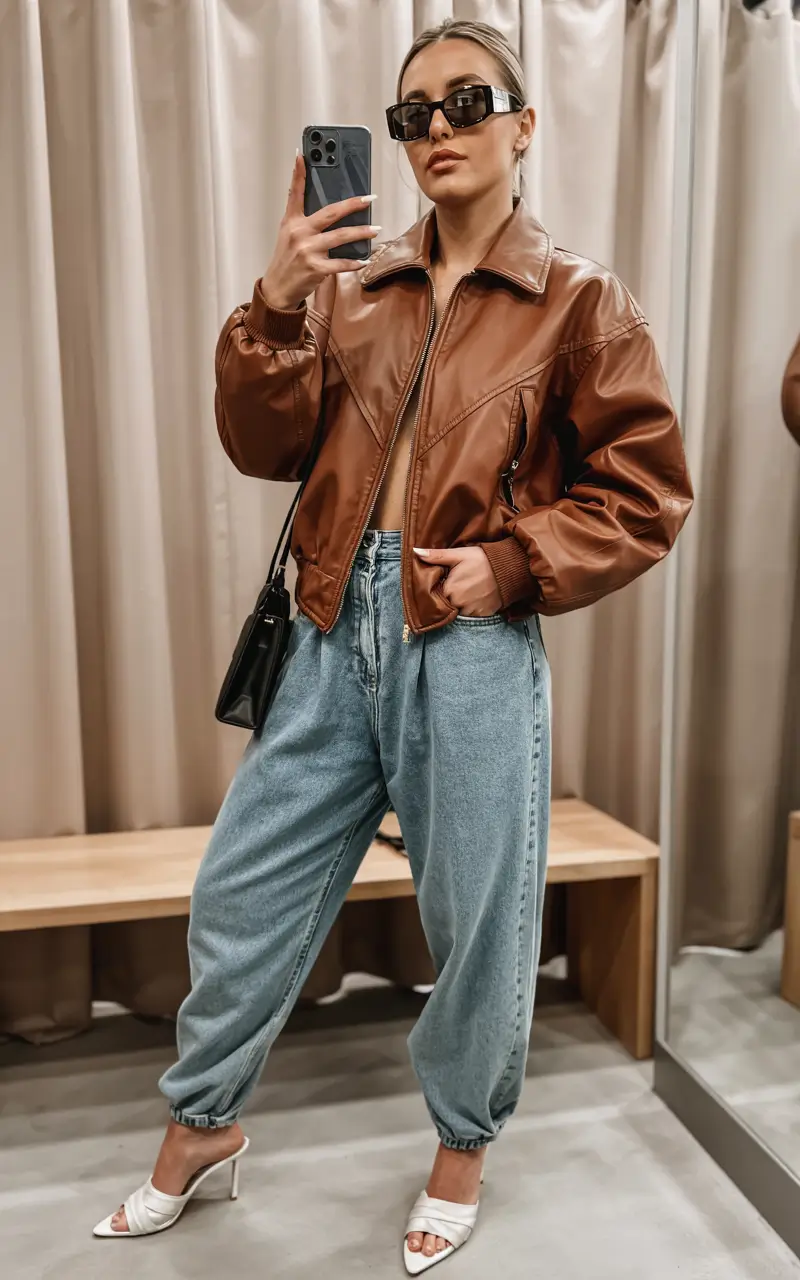 winter outfit inspo Leather Bomber and Relaxed Denim