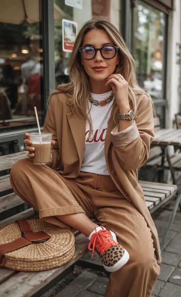 winter outfit inspo Warm Tones with Playful Sneakers