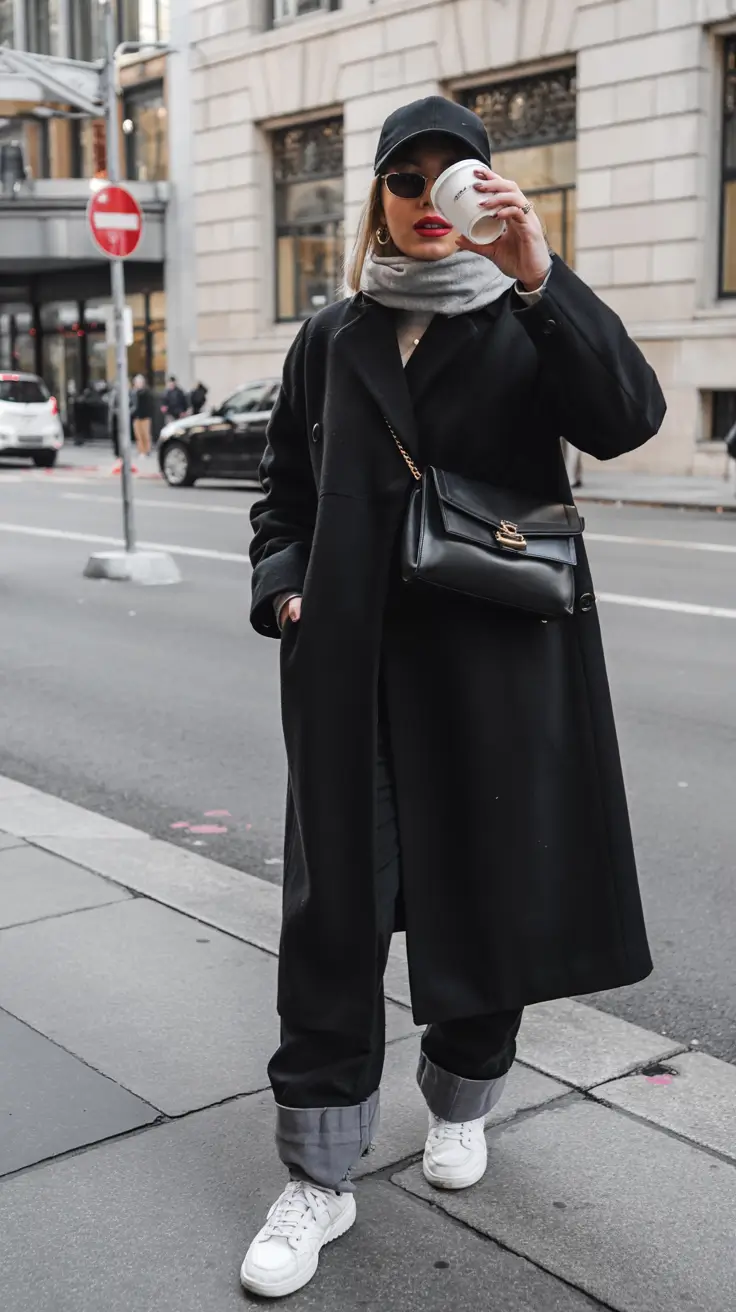 winter outfits cold Urban Black Coat with Sporty Vibes