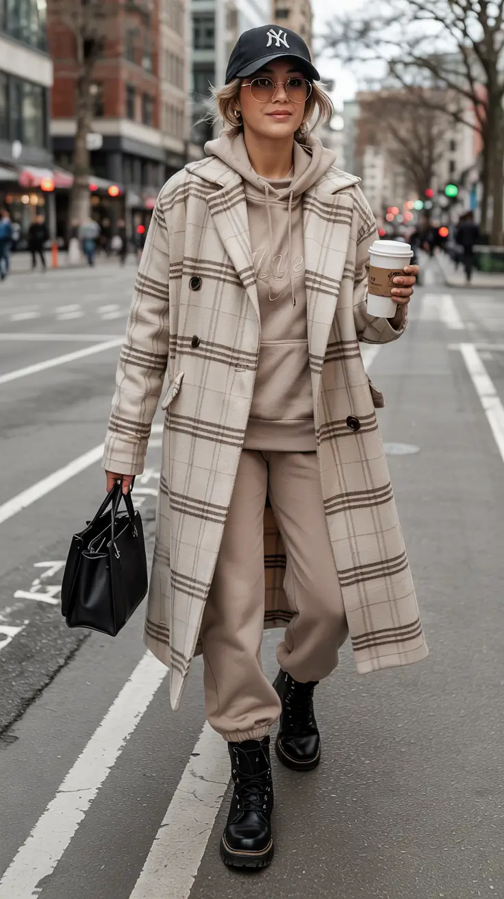 winter outfits cold Checked Coat Meets Sporty Classics